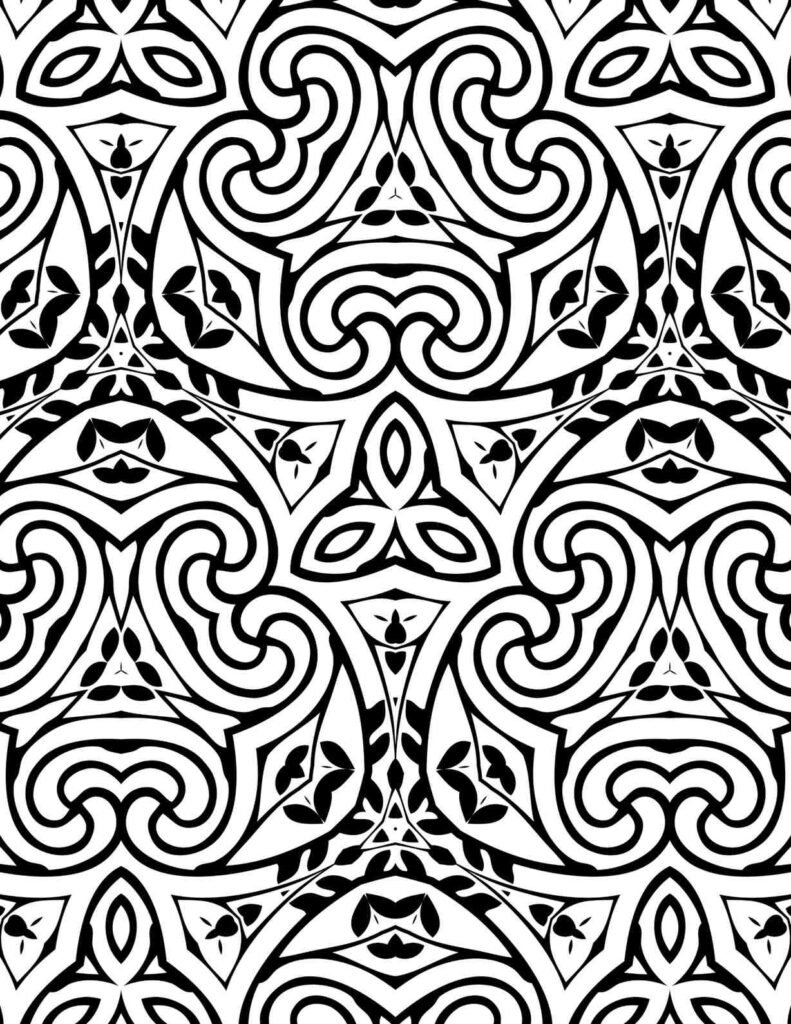 Celtic baroque fusion mandala coloring page featuring ornate scrollwork, triangular leaf patterns, and interwoven spiral designs in black and white line art