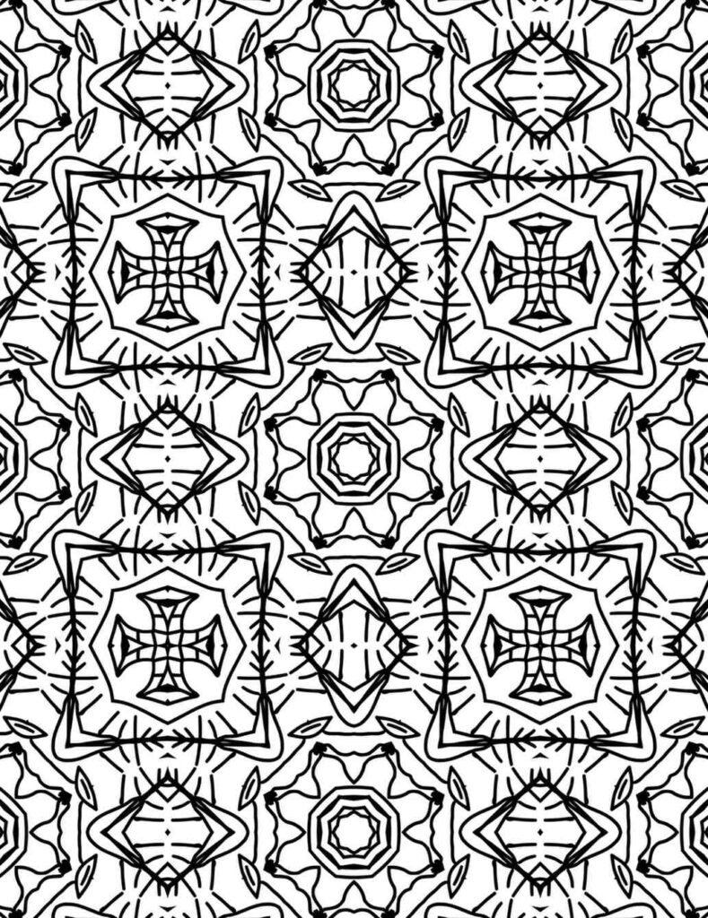 Black and white Celtic-style geometric mandala with cross and leaf motifs for coloring and relaxation