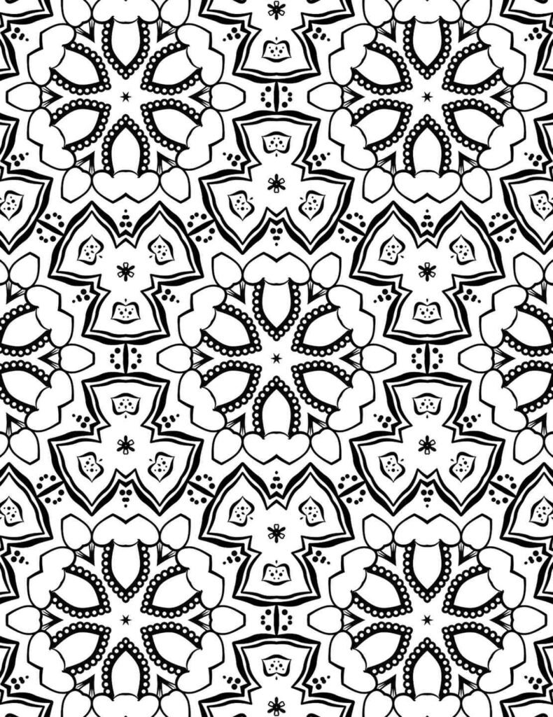 Celtic knot mandala with floral accents and circular waves for coloring and meditation