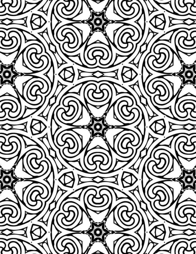 Black and white Celtic spiral mandala with intricate swirling patterns and geometric star shapes for coloring and relaxation.