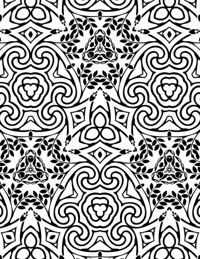 Intricate black and white Celtic spiral mandala featuring intertwining swirls, leaf motifs, and geometric patterns for coloring and meditation