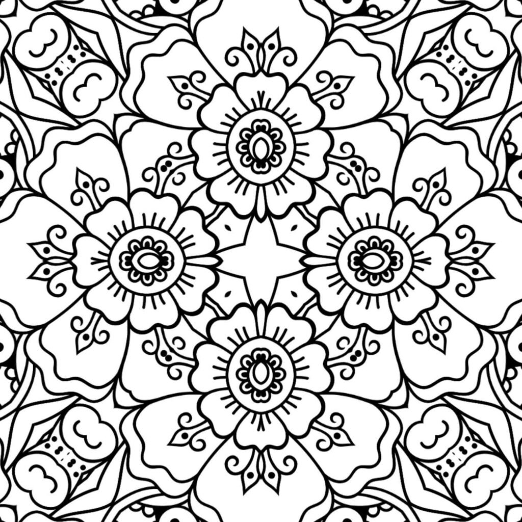 Beautiful classic floral mandala coloring page with symmetrical blooming flowers and flowing patterns, ideal for relaxation.