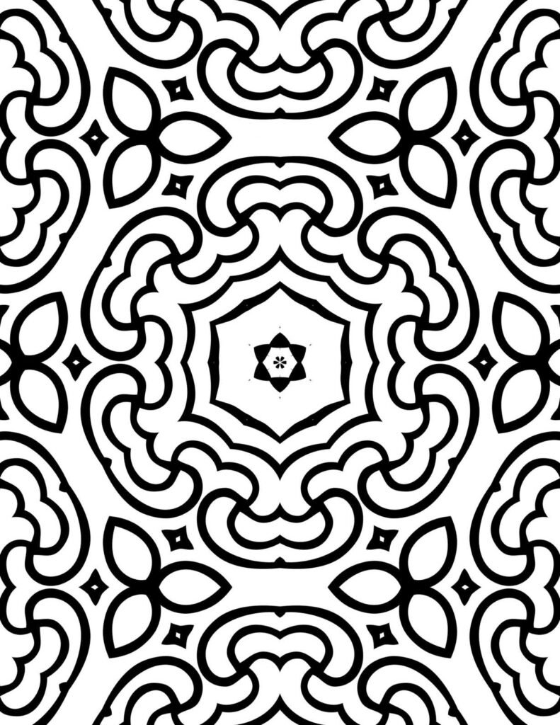 Black and white cloud petal mandala with floral swirls and diamond accents for coloring and relaxation
