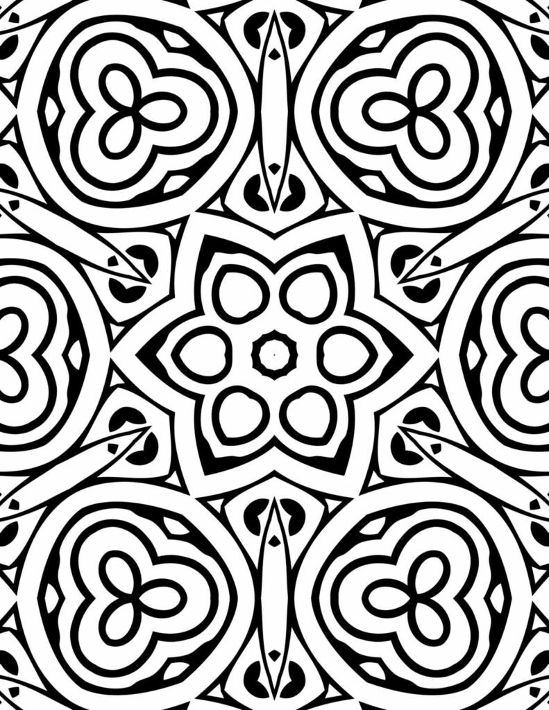 Black and white clover flower mandala with layered heart and circular patterns for coloring and mindfulness