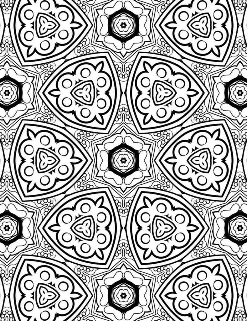 Detailed black and white mandala coloring page featuring repeating clover-like shapes and ornate geometric patterns.