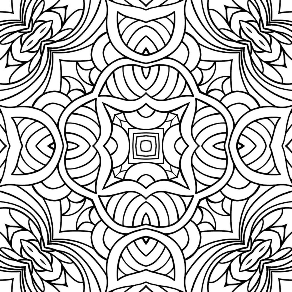 Geometric mandala coloring page with concentric arches, central square, and symmetrical patterns, perfect for mindful relaxation and creative expression.