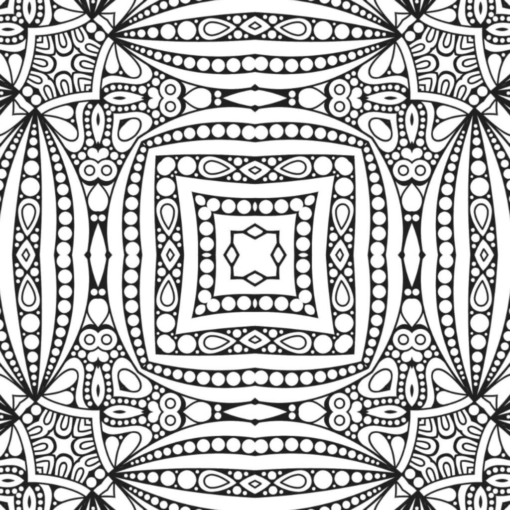 Concentric infinity mandala with layered square frames, decorative borders, flowing corner elements, and intricate dotted patterns for mindful coloring