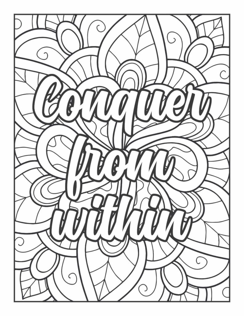 Dynamic swirl and leaf mandala coloring page with the motivational quote "Conquer from within" in flowing script.