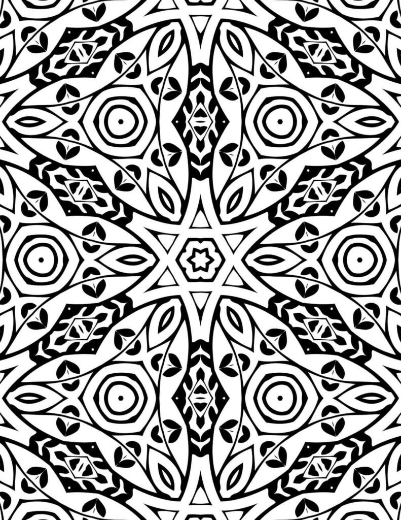 Symmetrical geometric mandala with radiating starbursts, intricate eye-shaped motifs, and delicate leaf accents, perfect for mindful coloring and concentration
