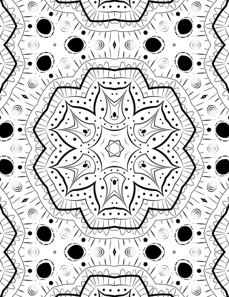 Symmetrical black and white mandala with star-like central motif and geometric patterns, perfect for mindful coloring.