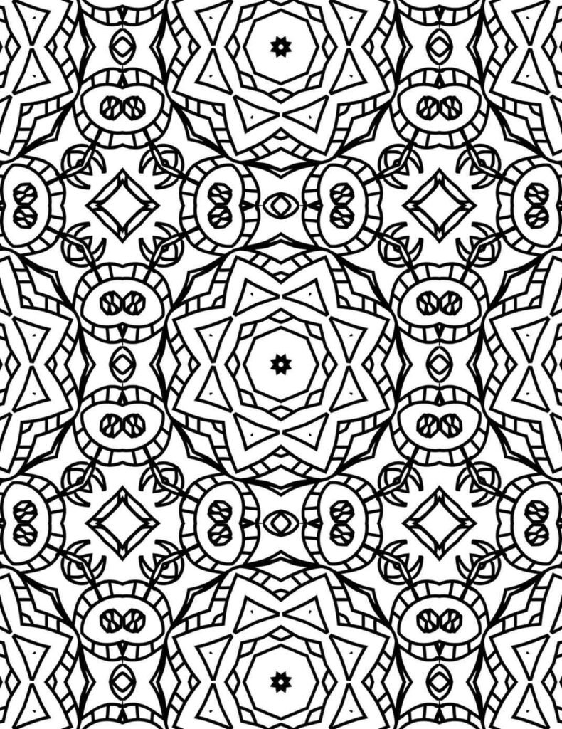 Bold black and white mandala coloring page with repeating star-shaped floral patterns and geometric accents, ideal for focused artistic expression and relaxation.