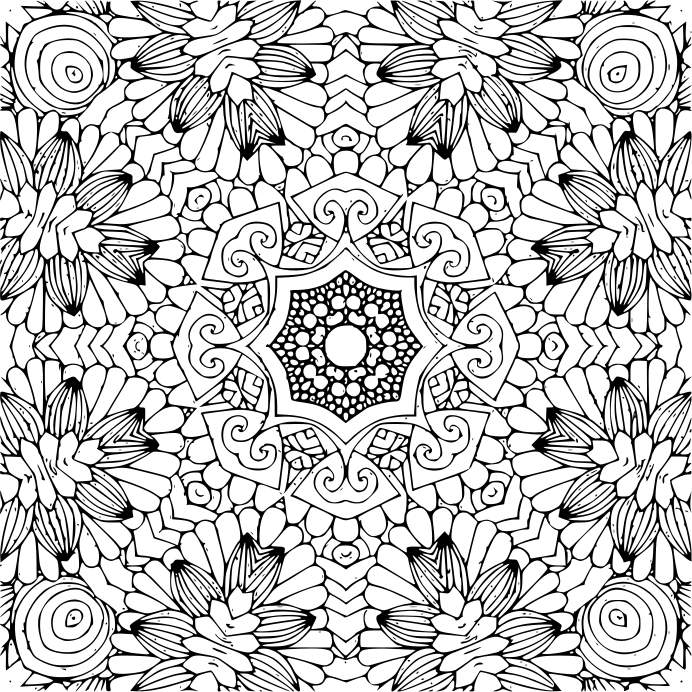 Detailed cosmic blossom mandala coloring page with central starry pattern and large textured floral elements for printing.