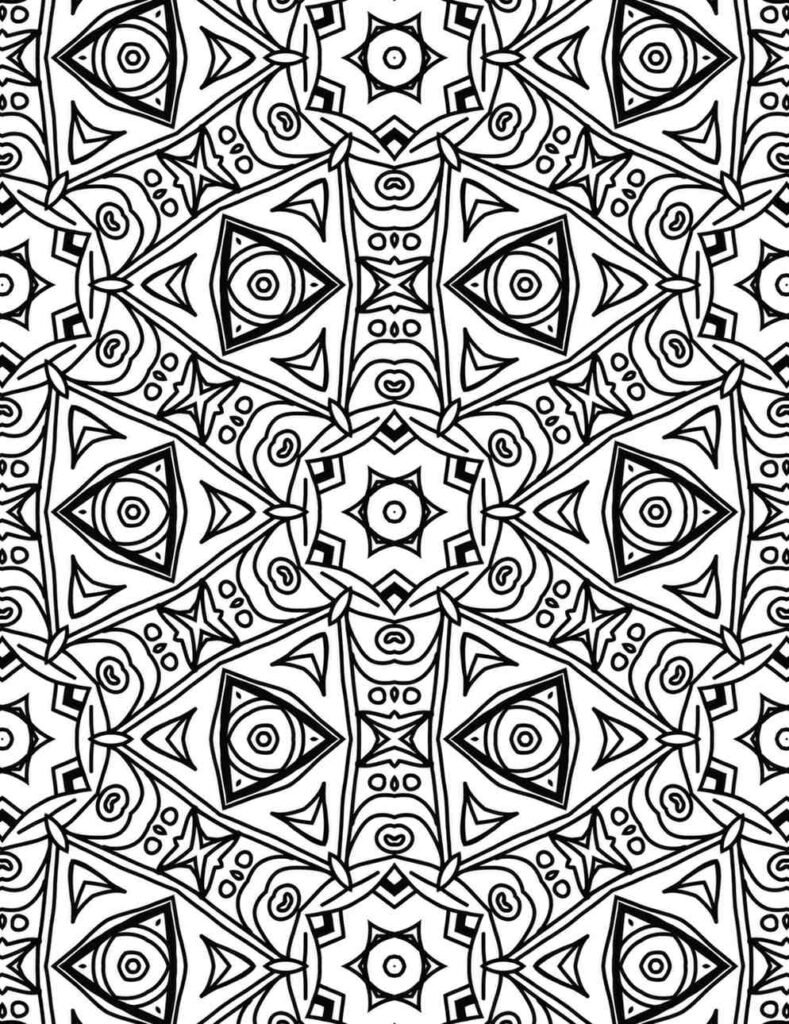 Intricate black and white cosmic eye mandala with triangular patterns and circular motifs for meditation and coloring