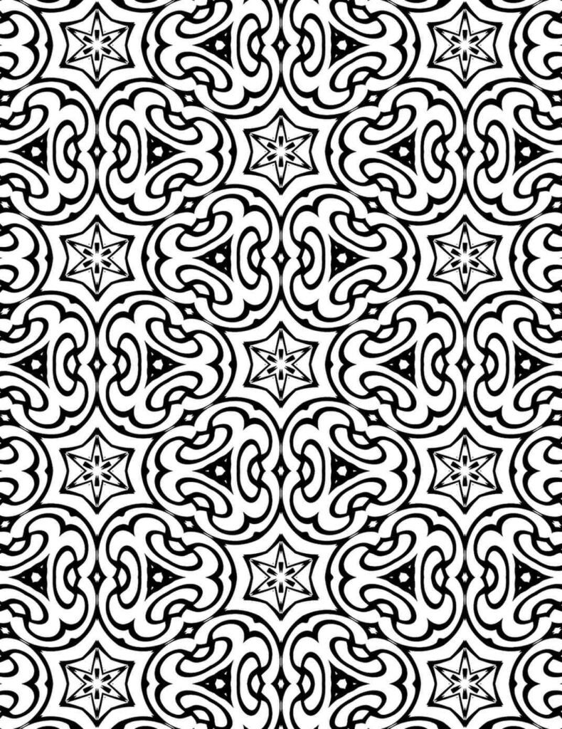Abstract black and white mandala with swirling heart-like curves and repeating starburst centers