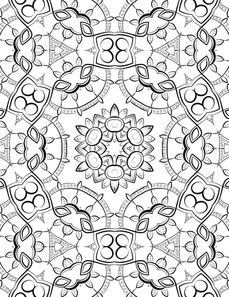Intricate black-and-white cosmic flower mandala with star center and floral patterns for coloring and meditation