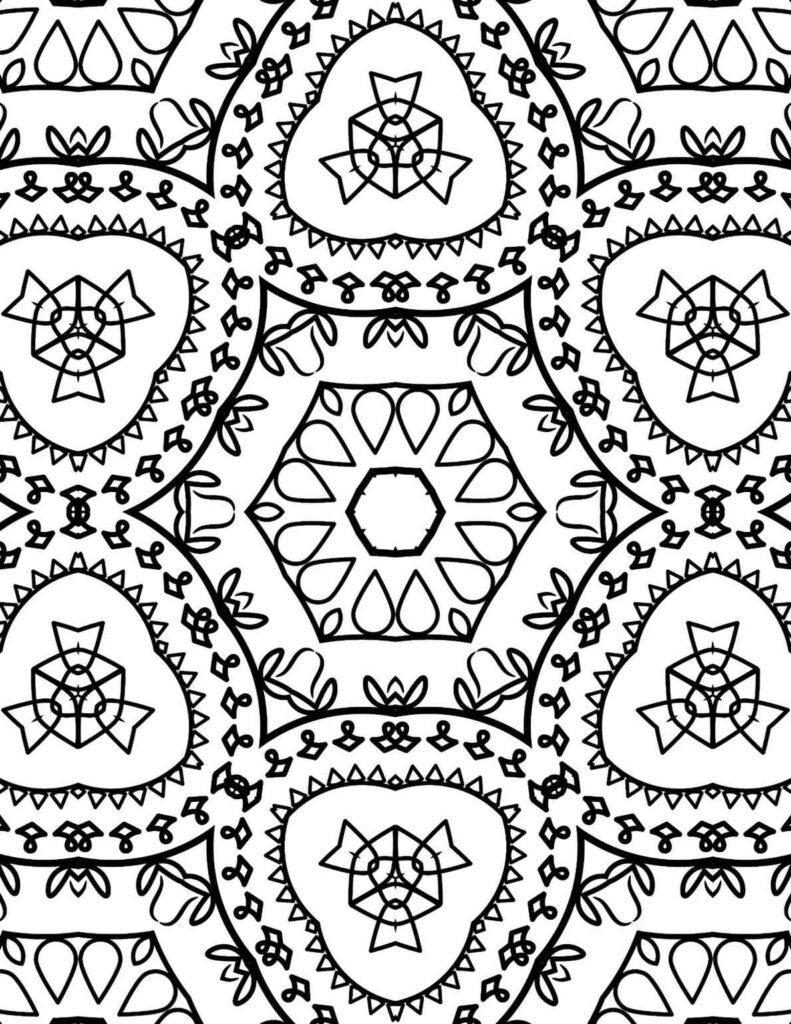 Ornate black and white mandala with starburst centers and swirling oval floral patterns for coloring and meditation