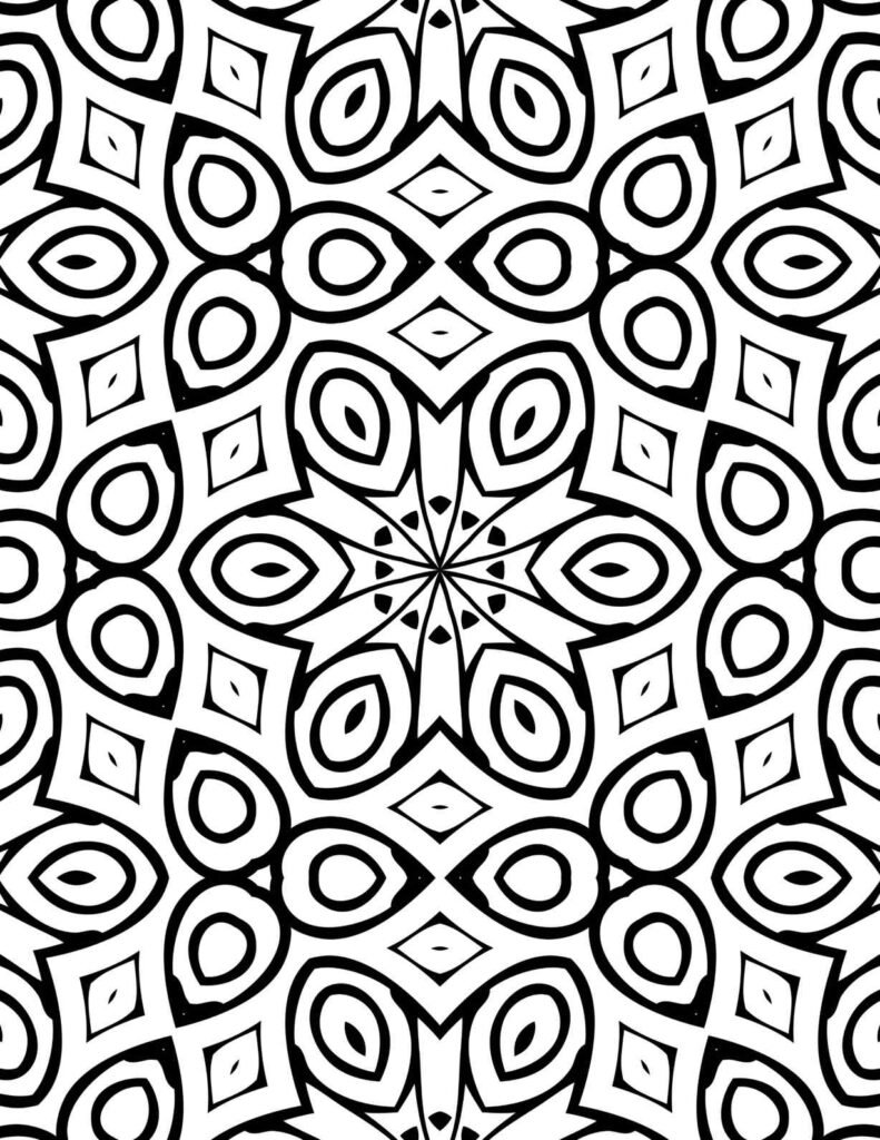 Detailed black and white mandala with interlocking petal patterns, diamond shapes, and a star-like center for coloring and meditation.