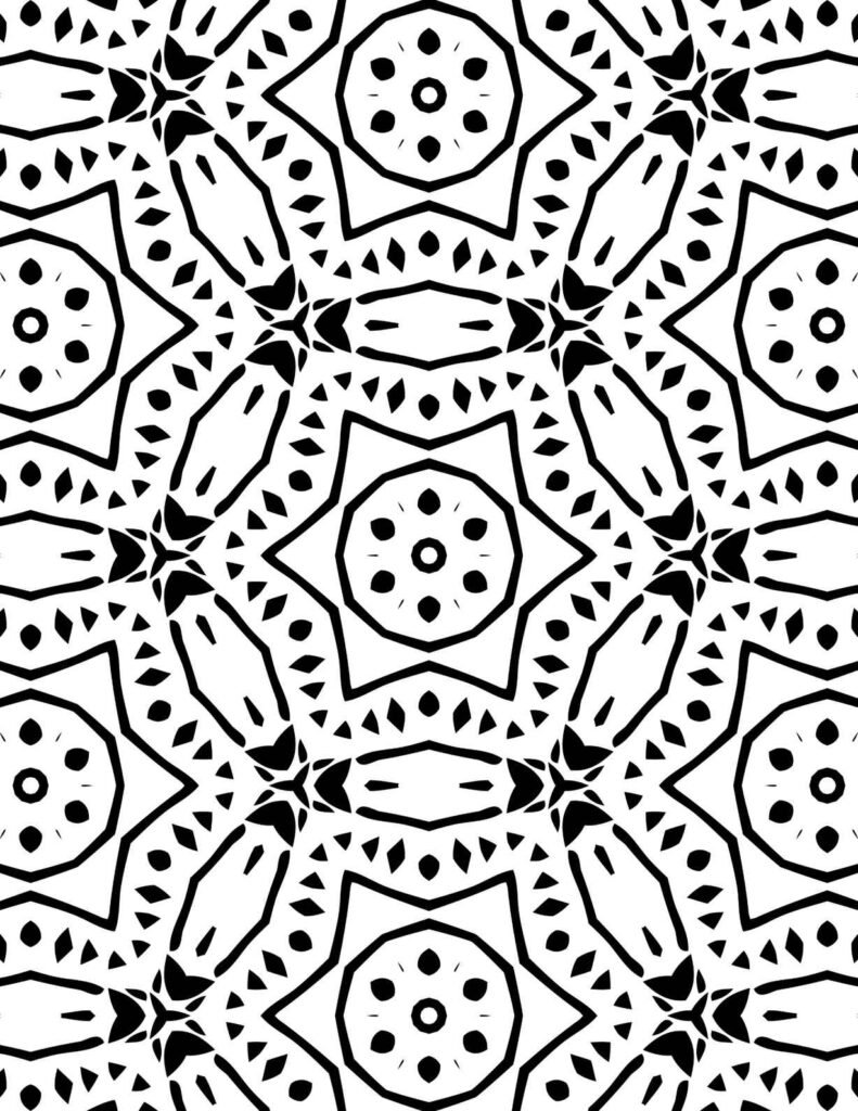 Detailed black and white cosmic petal mandala with circular patterns and floral accents for coloring and meditation.