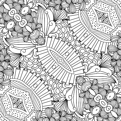 Asymmetrical and organic mandala design with large textured petal-like shapes, swirling elements, dotted patterns, and intricate details for stress relief coloring.