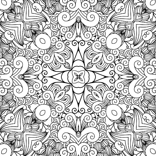 Detailed cosmic petals mandala coloring page with central starburst and ornate swirling patterns for stress relief.