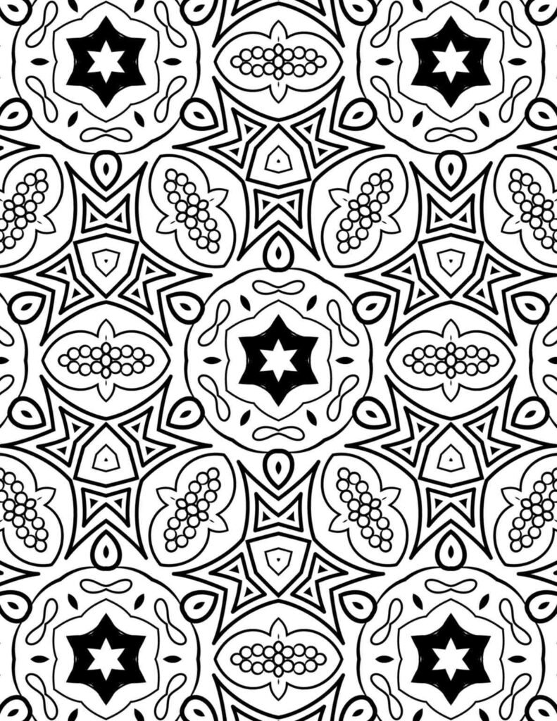 Complex star-patterned mandala coloring page with repeating motifs and detailed segments, ideal for deep focus and stress reduction.