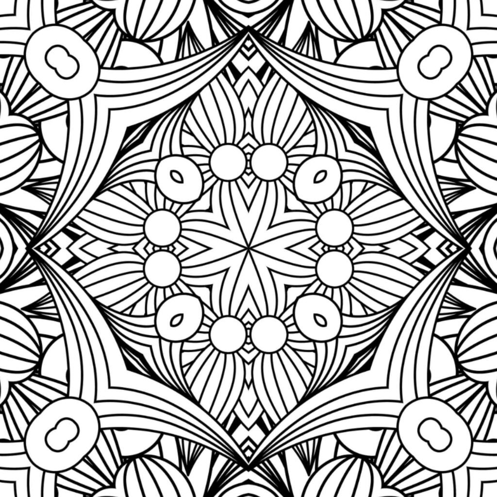 Abstract geometric mandala with a central starburst and radiating patterns, perfect for mindful coloring and stress relief.