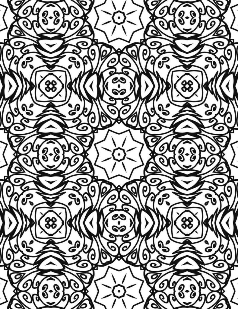 Highly intricate black and white mandala with repeating ornate patterns, central stars, stylized floral motifs, and detailed scrolls, ideal for mindful coloring.