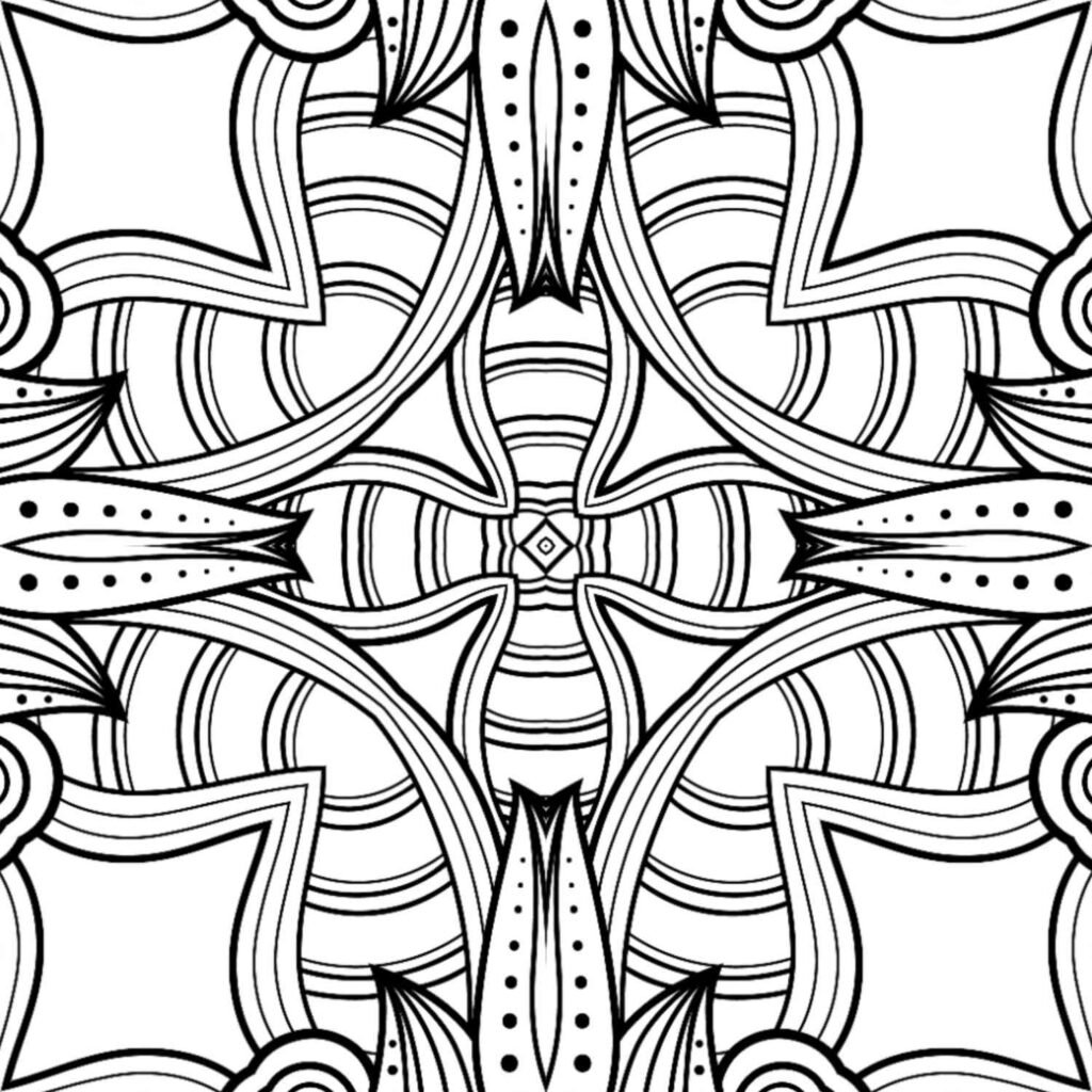 Bold geometric mandala with flowing lines and intricate patterns, perfect for mindful coloring and stress relief.