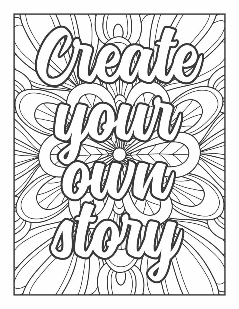 Bold "Create Your Own Story" quote within a vibrant, petal-inspired mandala design, perfect for encouraging creativity and self-expression.