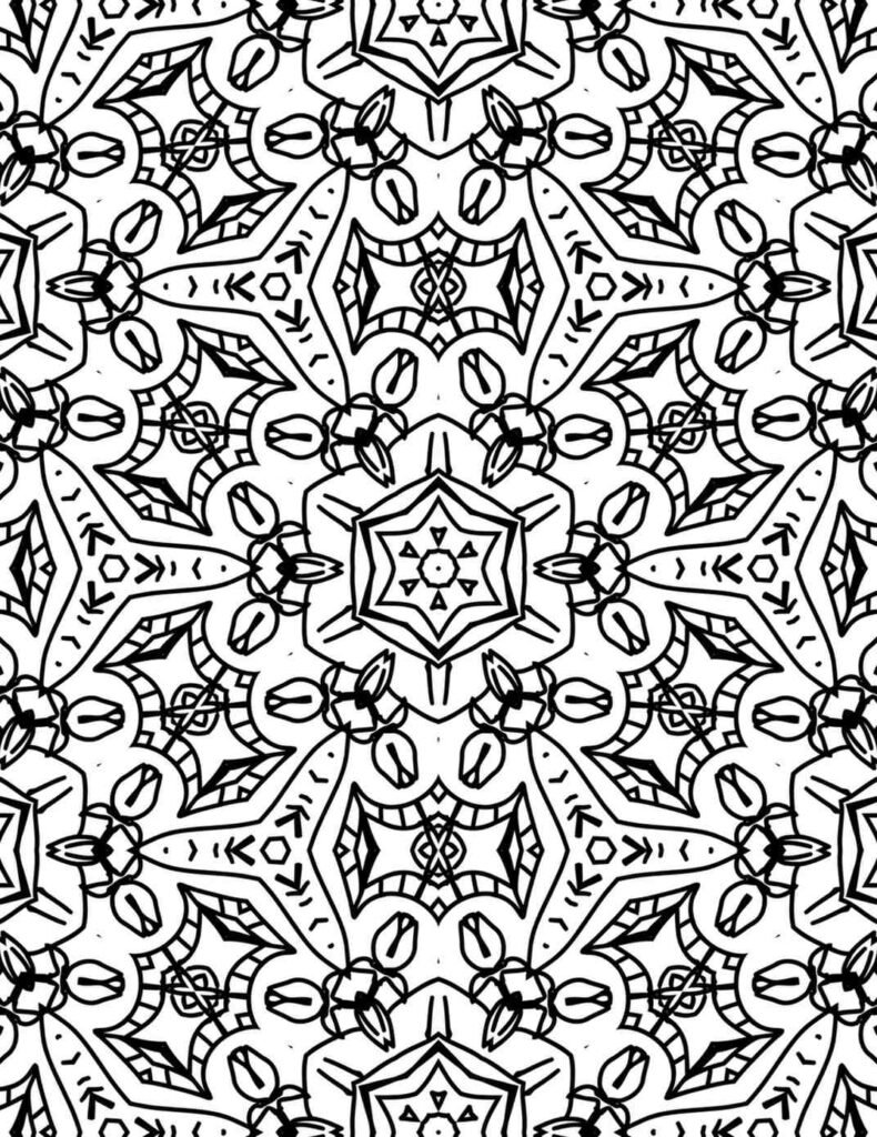 Intricate mandala design combining crystal shapes, flower buds, and angular geometric patterns in black and white