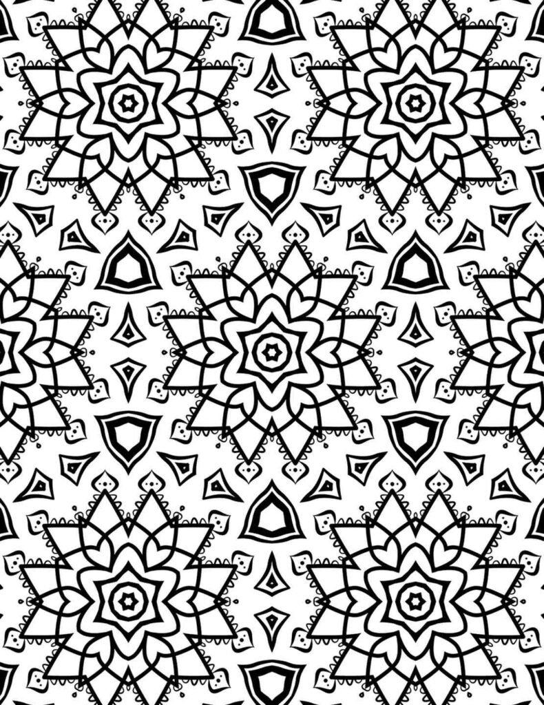 Ornate Crystal Star Mandala with layered star patterns and shield accents for coloring and mindfulness.