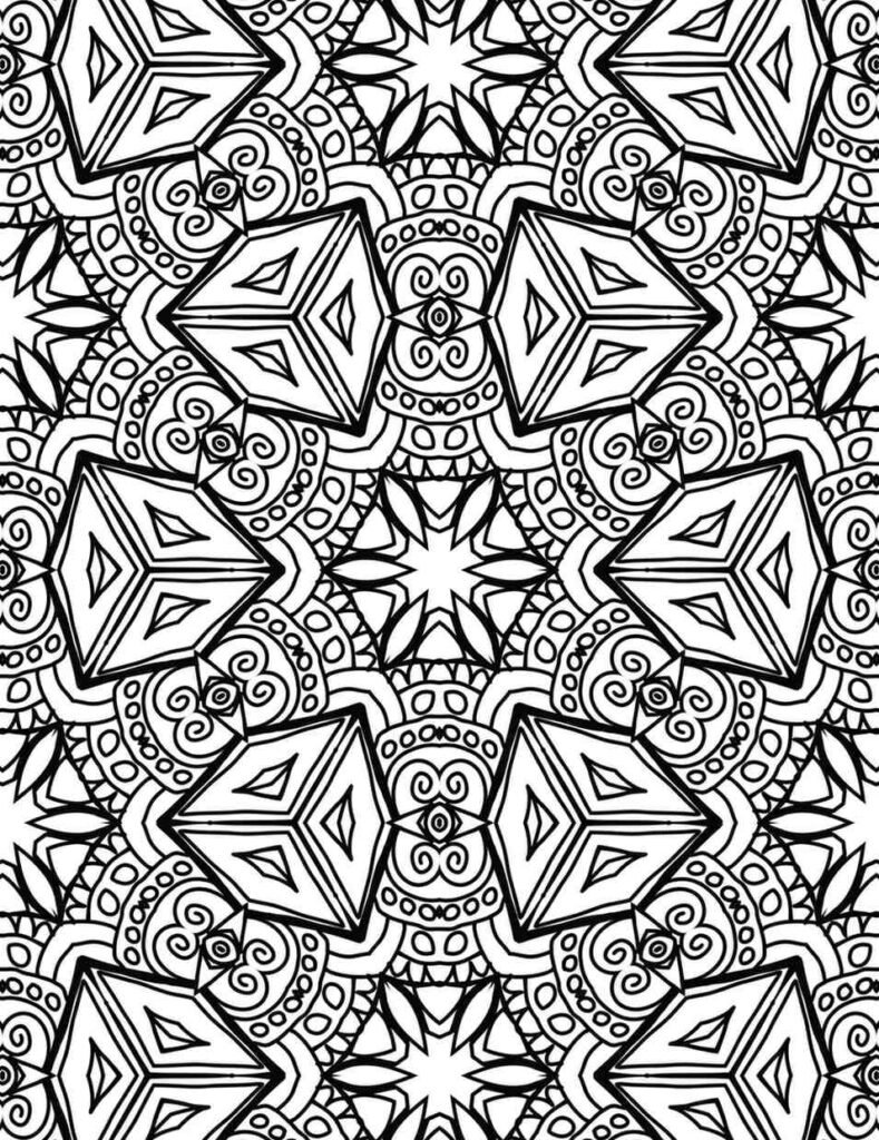 Intricate black and white crystal vortex mandala with geometric and spiral patterns for coloring and mindfulness.