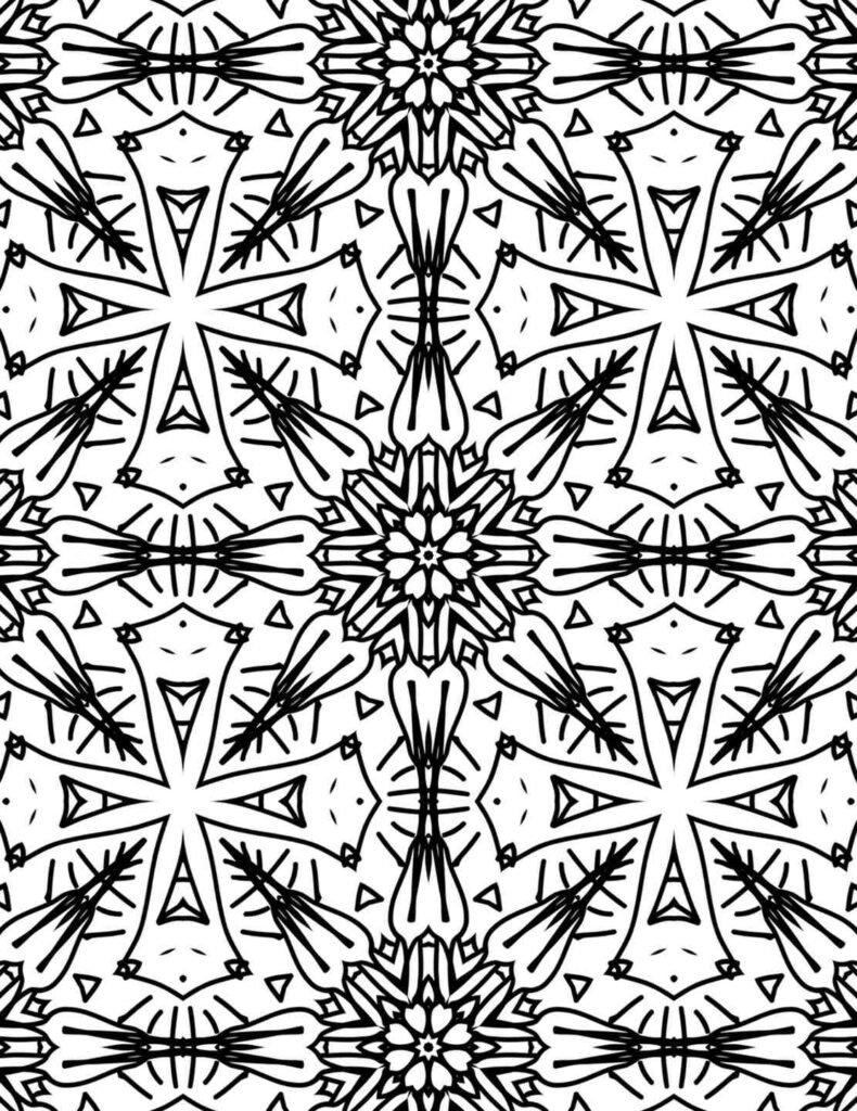 Free printable crystalline bloom mandala coloring page with intricate snowflake-like patterns, delicate star shapes, and detailed geometric designs for calming mindfulness.