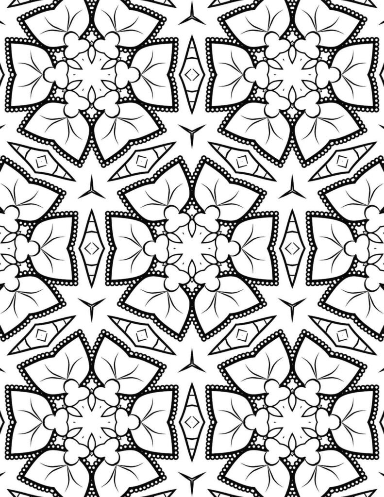 Crystalline petal mandala with heart-shaped centers and diamond accents for coloring and meditation