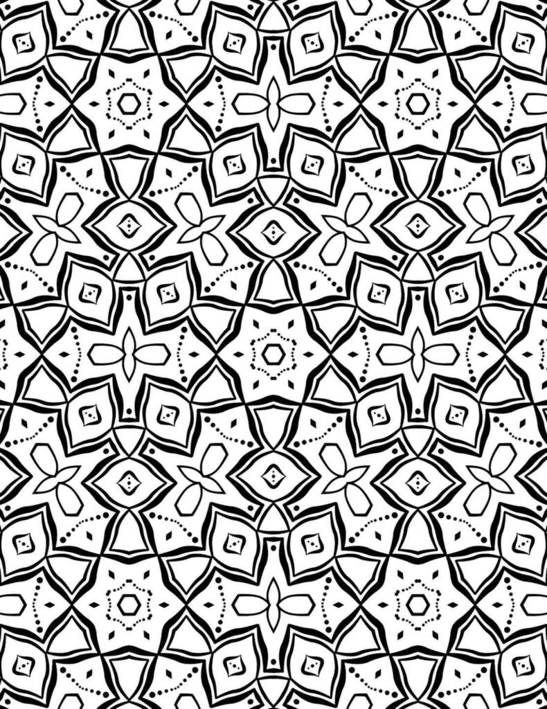 Exquisite black and white delicate florastar mandala with hexagonal stars and dotted accents for coloring and mindfulness.