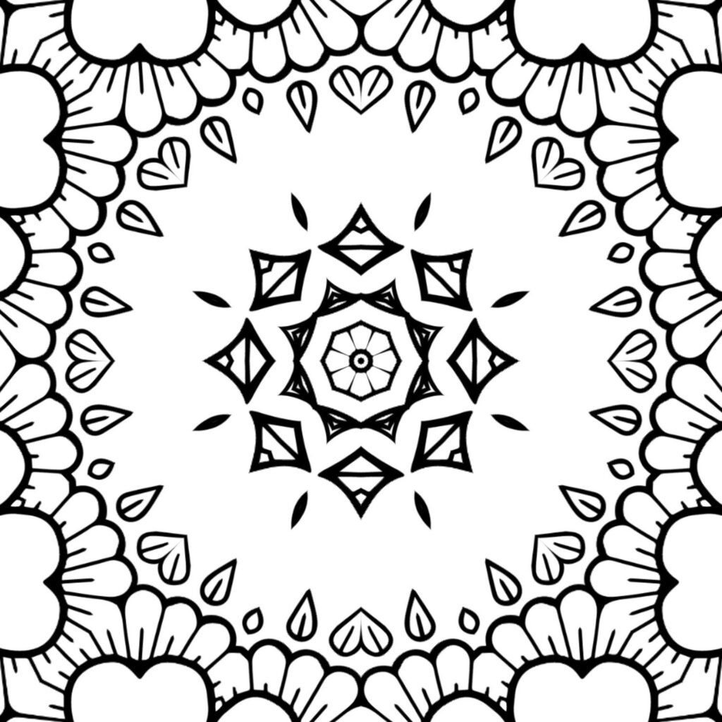 Intricate mandala coloring page featuring nested star patterns, heart shapes, and delicate petals, symbolizing love and promoting mindful relaxation.