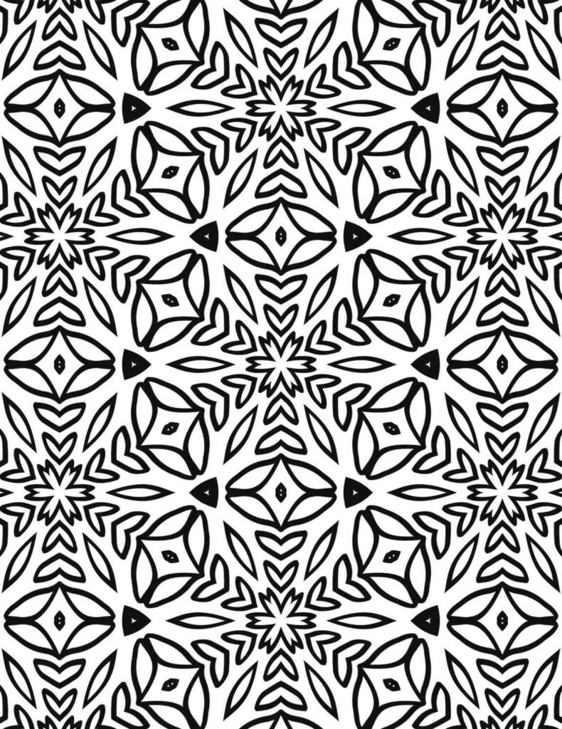 Black and white delicate petal mandala with intricate floral and diamond patterns for coloring