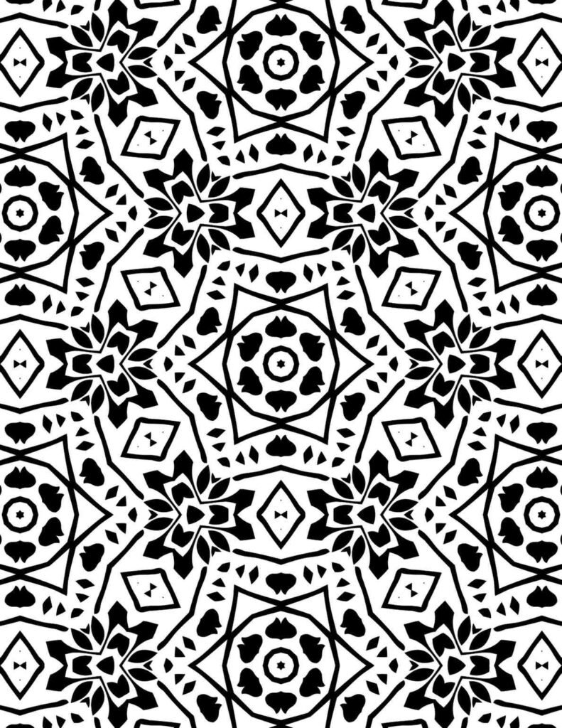 Elegant black and white diamond bloom mandala with floral starbursts and geometric diamond patterns for coloring and meditation.