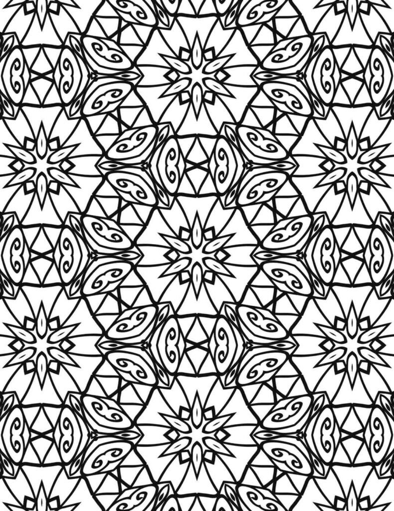 Black and white diamond star mandala with swirling tendrils for coloring and meditation