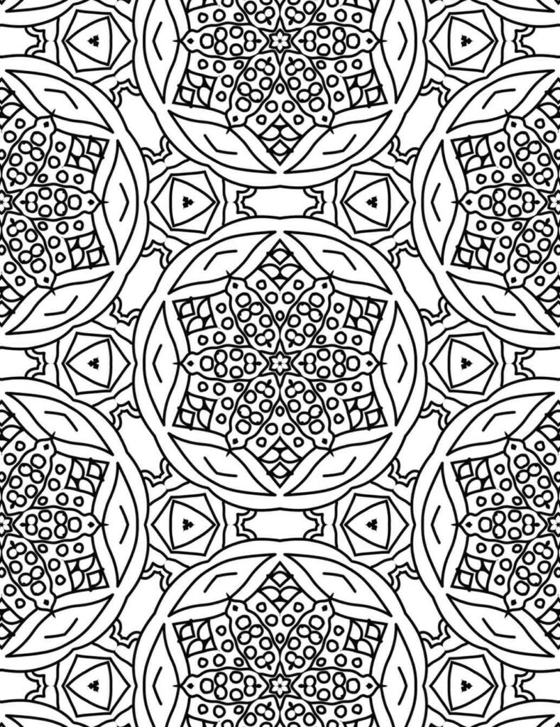 Detailed black and white dot bloom mandala with circular patterns and petal shapes for coloring and meditation