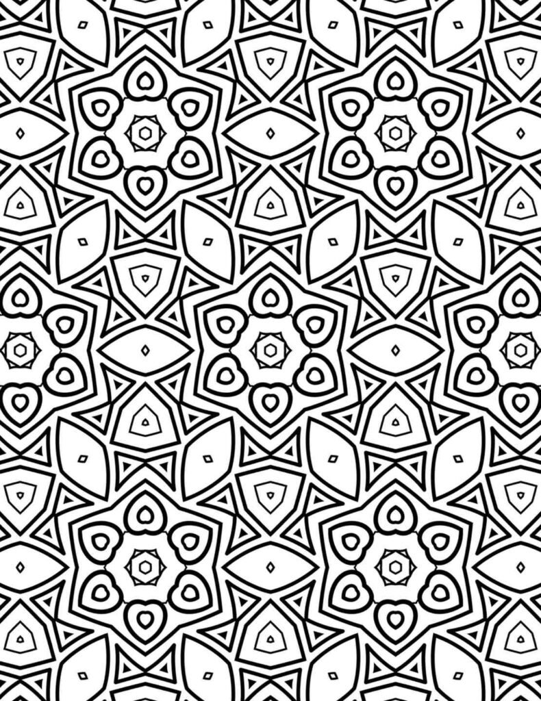 Bold dynamic angles mandala with six-petal star motifs, intricate inner details, and strong triangular connections for mindful coloring.