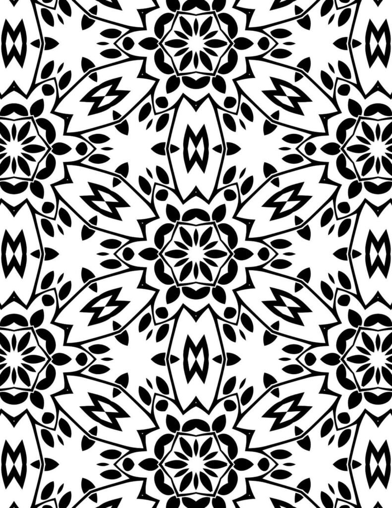 Black and white dynamic floral mosaic mandala with intricate leaf and geometric patterns for coloring and meditation.