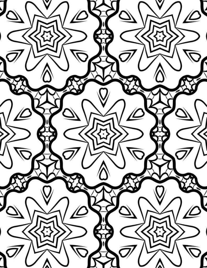 Intricate dynamic flow mandala with central six-pointed stars, bold wavy frames, and inner tear-drop patterns, ideal for mindful coloring and creative stimulation.