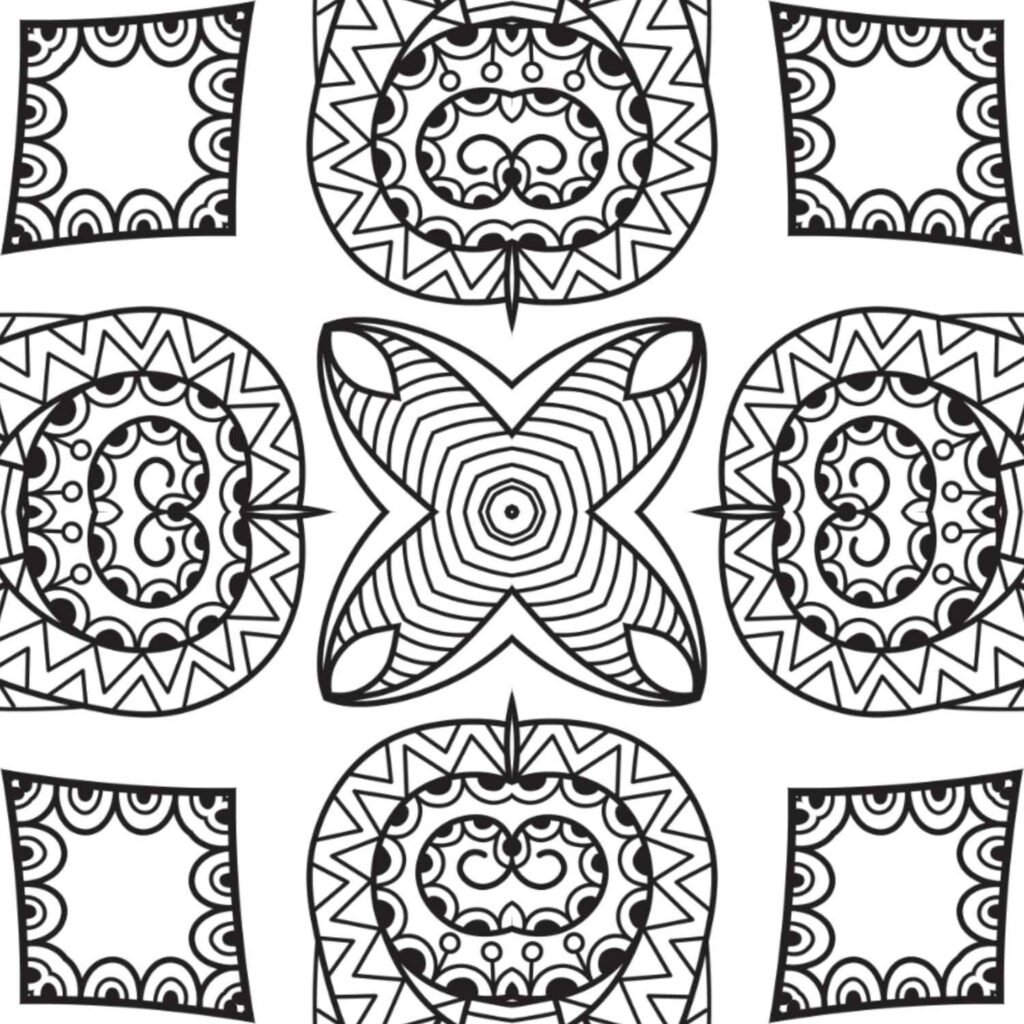Symmetrical medallion-style mandala featuring a central 'X' shape, swirling patterns, and zigzag borders, ideal for mindful coloring and creative expression, available for free download.