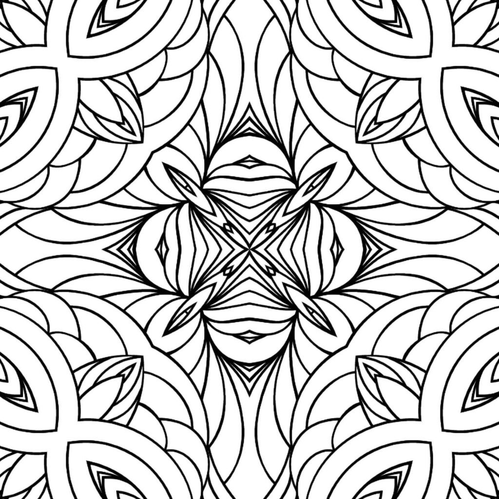 Abstract floral mandala coloring page with interwoven petal shapes and dynamic flowing lines, suitable for relaxation and advanced coloring.