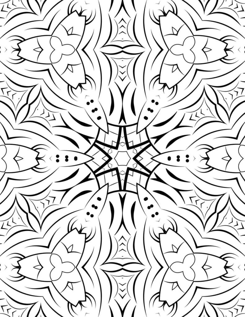 Energetic starburst mandala coloring page with sharp points and intricate, flame-like patterns