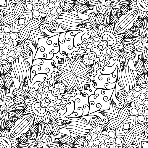 Complex mandala coloring page with abstract swirls, flowing floral motifs, and geometric accents