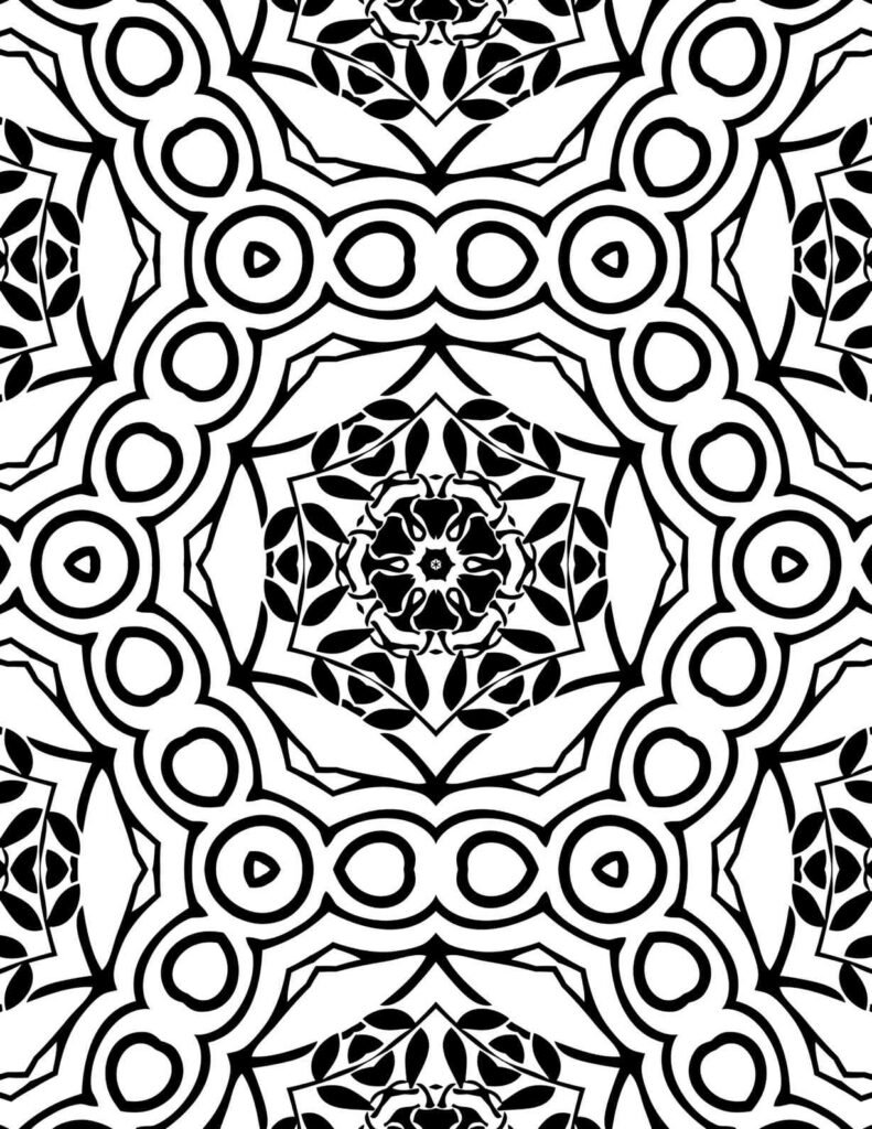 Intricate black and white mandala with interlocking circles and floral petal patterns for coloring and relaxation