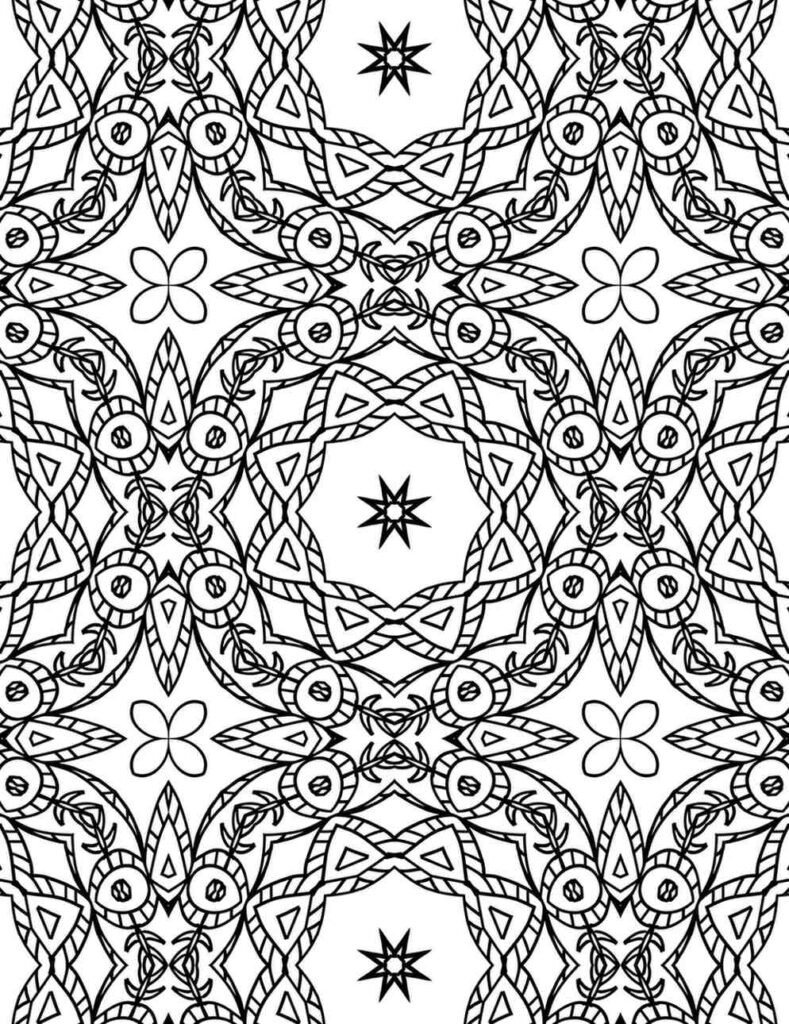Symmetrical black and white mandala with starburst patterns, ideal for mindful adult coloring and meditation.