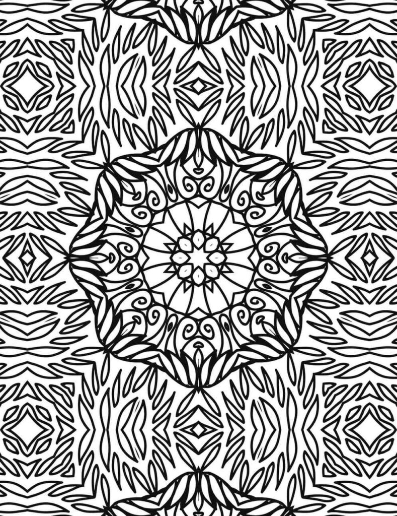 Symmetrical black and white mandala with a prominent central rosette, surrounded by repeating feather-like and geometric patterns, perfect for mindful coloring and relaxation.